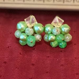 Vintage Green Bead Clip On Earrings in Perfect Condition